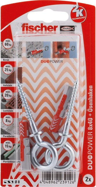 Fischer DuoPower Dübel aus Nylon mit Ösenhaken, Durchmesser: 8 mm, Länge: 40 mm, 2 Stück, mehrfarbig - Bild 1