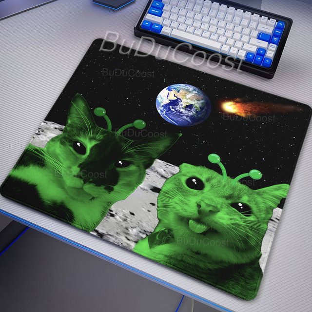 BuDuCoost Alien Cat Meme Mauspad, rutschfeste Schreibtischunterlage aus Gummi in Multicolour, Kawaii Katzen Gaming-Mauspad für Laptop und Büro - Bild 1