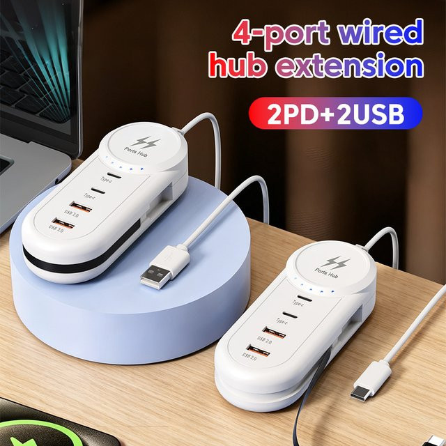 USB-C Schnellladegerät PD Typ-C Wandadapter mit Mehrfach-USB-Hub und Verlängerungskabel in Weiß - Bild 1