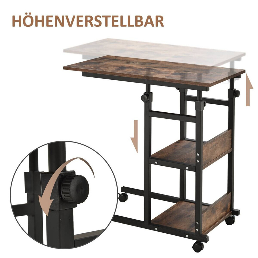 HOMCOM Beistelltisch mit Rollen und 2 Regalen, höhenverstellbar, Schwarz oder Braun, Metall, B: 80 cm, T: 40 cm, H: 72-82 cm - Bild 3
