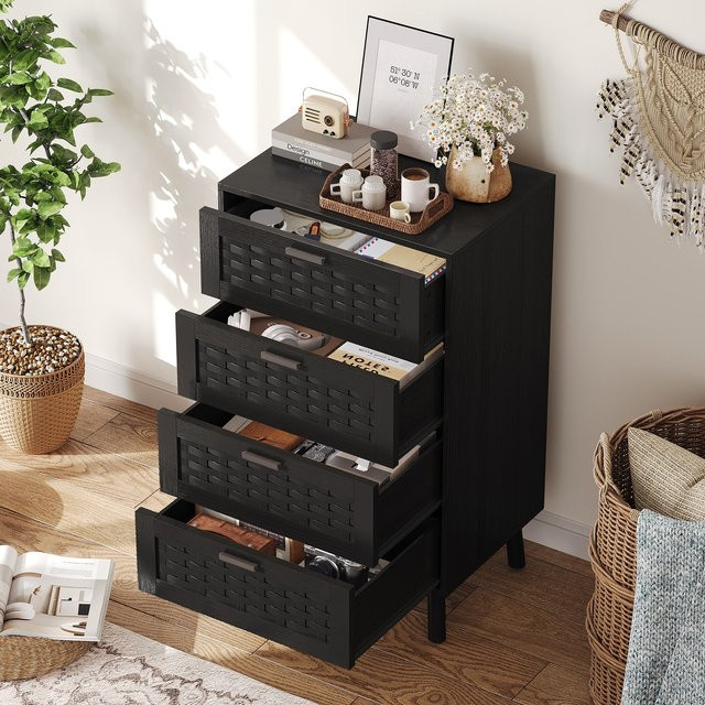Rosahqnda Holzkommode im Retro-Design mit Rattan-Elementen und Massivholzbeinen, Sideboard für Wohnzimmer und Schlafzimmer, Schwarz/Braun - Bild 1