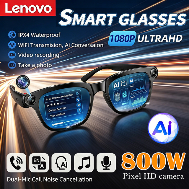 Lenovo KI-Smart-Brille mit 8K HD-Kamera, KI-Übersetzung, Bluetooth-Anruf und Musikplayer, quadratisches Design aus Kunststoff, Farben: Schwarz oder Weiß - Bild 1