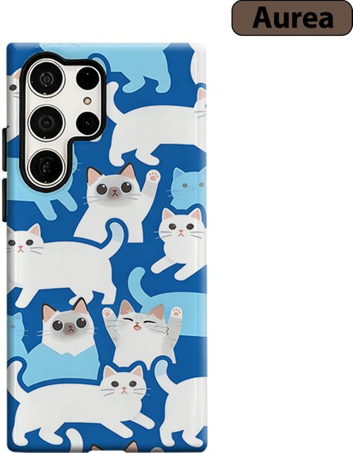 Stoßfeste Doppelschicht Handyhülle mit Katzen-Design für Samsung Galaxy S26 S25 S24 S23 Ultra Plus in Blau-Weiß - Bild 1