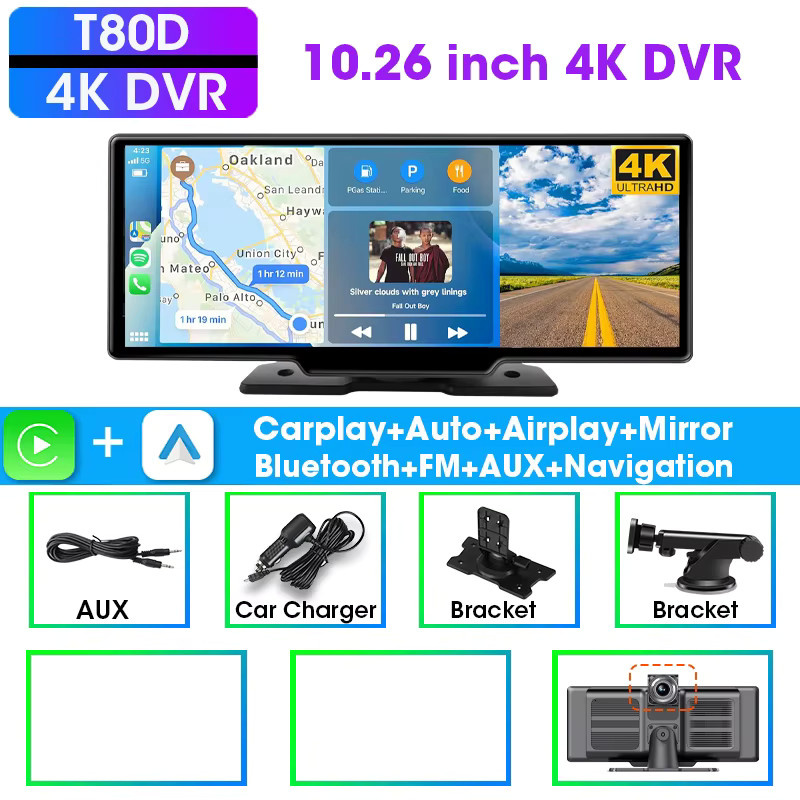 srnubi Kabelloser CarPlay Bildschirm für das Auto mit 4K Dash Cam, 5G WiFi, Android Auto, Dual Lens und GPS-Navigation, Schwarz, 7/10,26 Zoll - Bild 6