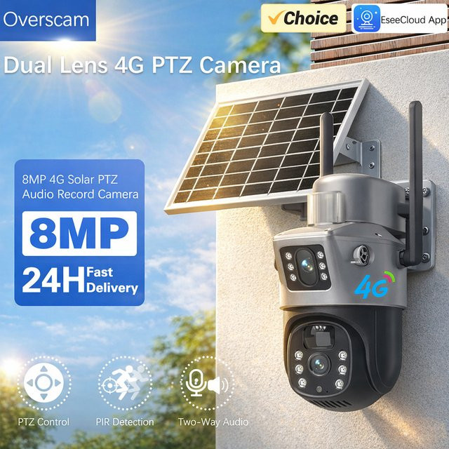 Overscam 8MP 4G Netzwerk PTZ Solarkamera mit Doppellinse, Doppelbildschirm und PIR-Bewegungserkennung für die Außenüberwachung inklusive 2-Wege-Audio - Bild 1
