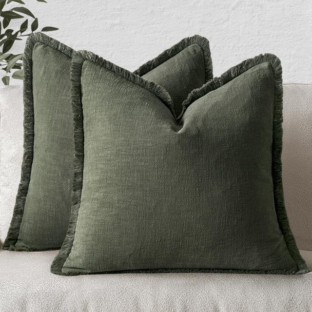 Dekorative Leinen-Kissenhülle mit Fransen im Boho-Bauernhaus-Stil von JMG Clothing, B/B: 45 x 45 cm, Farben: Pink und Grün - Bild 1