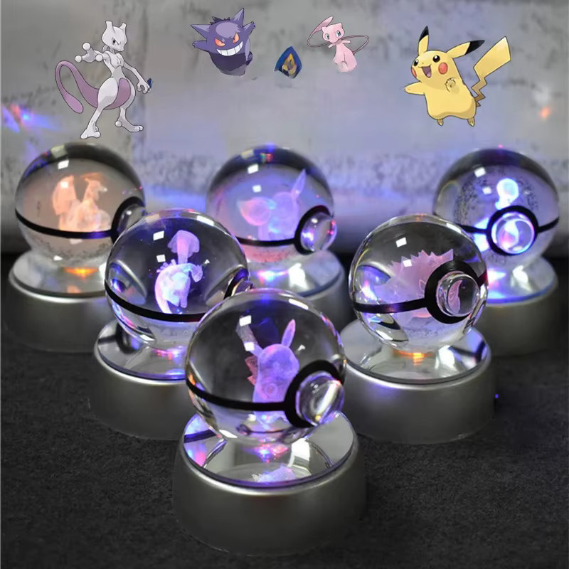 Potdemiel Pokemon 3D Kristallkugel Nachtlicht mit Pikachu Gengar Mewtwo und Pokeball in Transparent und Multicolour - Bild 1