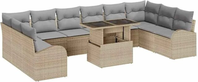 vidaXL Garten-Sofa-Set 11-teilig aus Polyrattan in Beige mit integriertem Kissen-Speicher und Polsterkissen - Bild 1