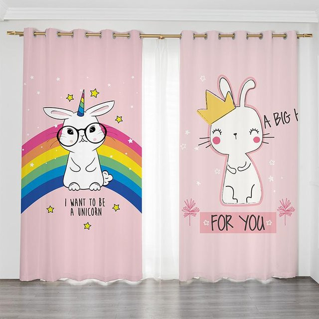 Yiran Furniture Vorhang mit Cartoon Hase und Affe Motiv in Rosa für Kinderzimmer, semi-transparent, Breite: 200 cm, Höhe: 100 cm - Bild 1