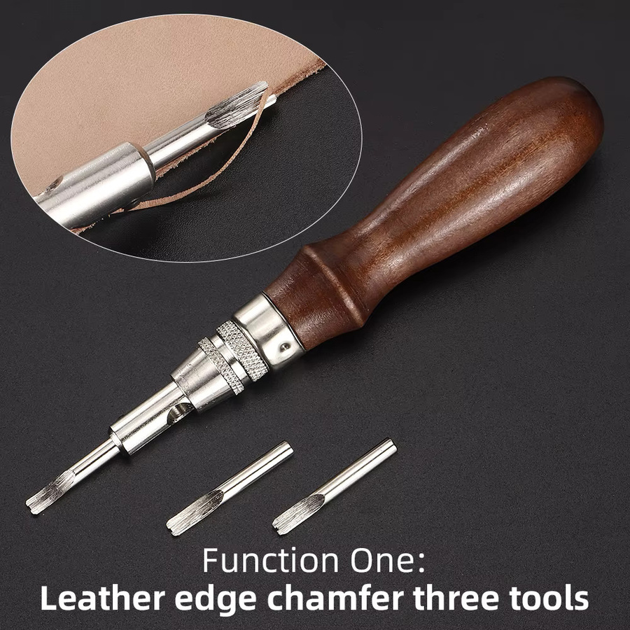QJH 7-in-1 Pro Lederwerkzeug Set, verstellbares Stitching Groover Kit mit Kantenbebeiler und Falzwerkzeug in Braun - Bild 2