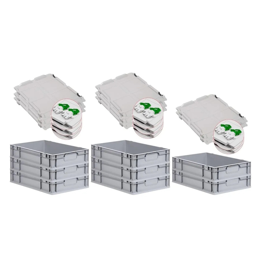 PROREGAL Spar Set 8x Eurobox Nextgen Economy mit Scharnierdeckel und grünen Schiebeschnappverschlüssen, Grau, H x B x T: 12 x 40 x 60 cm, 23 Liter - Bild 2
