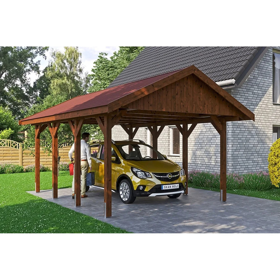 SKANHOLZ Carport Wallgau Satteldach in Nussbaum mit roten Schindeln B/T: 430 x 600 cm - Bild 2