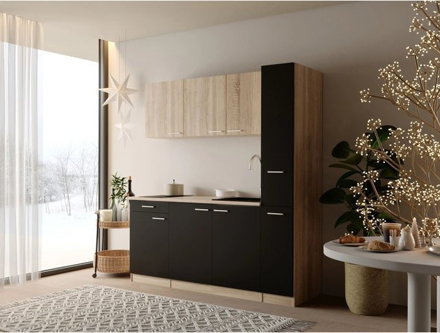 Respekta Ingrid Singleküche modern in Schwarz mit Apothekenschrank, Breite: 180 cm, Tiefe: 60 cm, Höhe: 200 cm - Bild 1