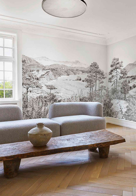 Isidore Leroy Tapete Euskadi Grisaille Panel A in Grau im Vintage-Stil als Landschafts-Mural aus Vlies - Bild 3
