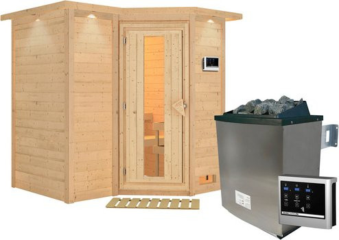 Karibu Sauna Riga 1 aus Fichtenholz in Beige mit 9 kW Saunaofen und externer Steuerung für 3 Personen, B/T/H: 198 x 212 x 221 cm - Bild 1