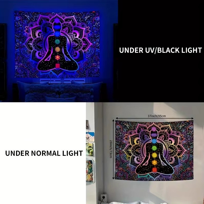 VIKAMA UV-reaktiver Chakra-Wandteppich mit psychedelischem Mandala Design in Multicolour für dein Yoga-Zimmer oder Schlafzimmer - Bild 2
