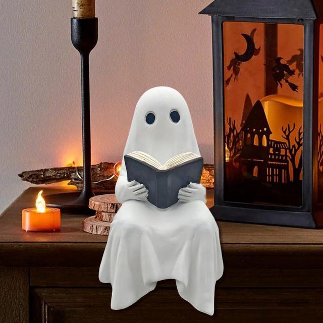Niedliche Halloween-Geiststatue aus Kunstharz in Reinweiß als Deko-Figur für Bücherregale und Heimdekoration - Bild 1