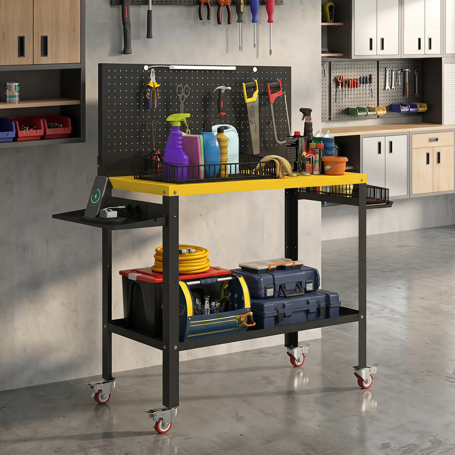 HOMCOM Werkbank mit Lochwand und Rollen, Arbeitstisch mit Steckdosen, USB, LED-Leuchte und Metallgestell, Tragfähigkeit 300 kg, Schwarz und Gelb, B/T/H: 128 x 49,5 x 127,5 cm - Bild 2