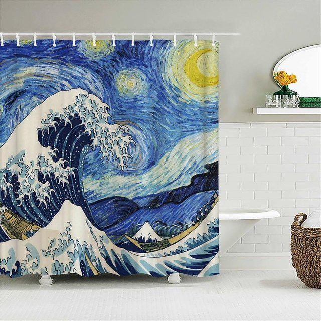 Wasserdichter Duschvorhang aus Polyestergewebe mit Samurai-Landschaft und Wellen-Design im japanischen Stil, B: 240 cm, H: 180 cm - Bild 1