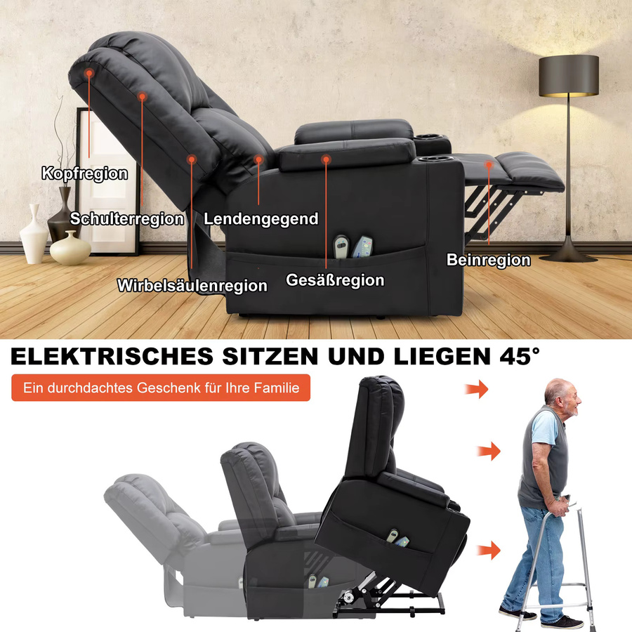 COMHOMA Elektrischer Aufstehsessel in Schwarz mit Liegefunktion und Massagefunktion als Relax- und Fernsehsessel für ältere Menschen - Bild 5