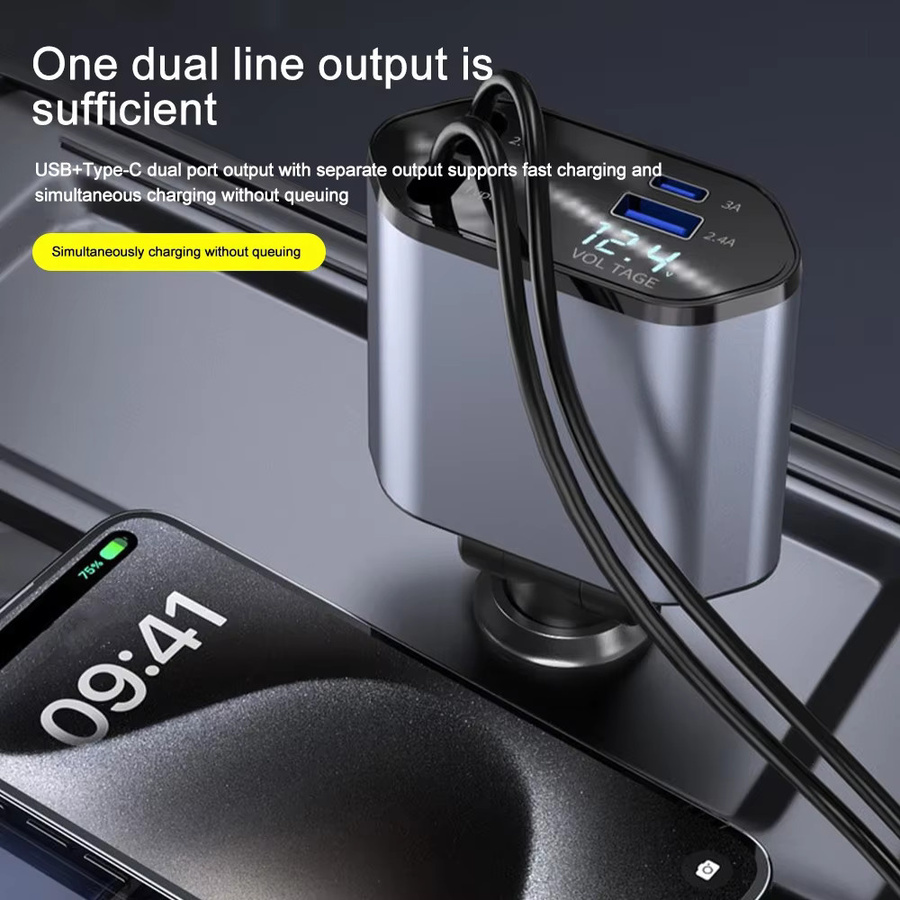 Kebidumei Autotelefon-Ladegerät-Adapter mit 120 W und einziehbaren USB-Typ-C-Schnellladekabeln inklusive Volt-Display, passend für iPhone, iPad und Samsung - Bild 2