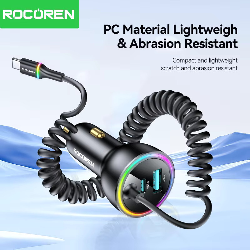 Rocoren 70W USB-Autoladegerät in Schwarz mit PD 35W USB-C Schnellladefunktion und Federladekabel für iPhone und Xiaomi - Bild 3