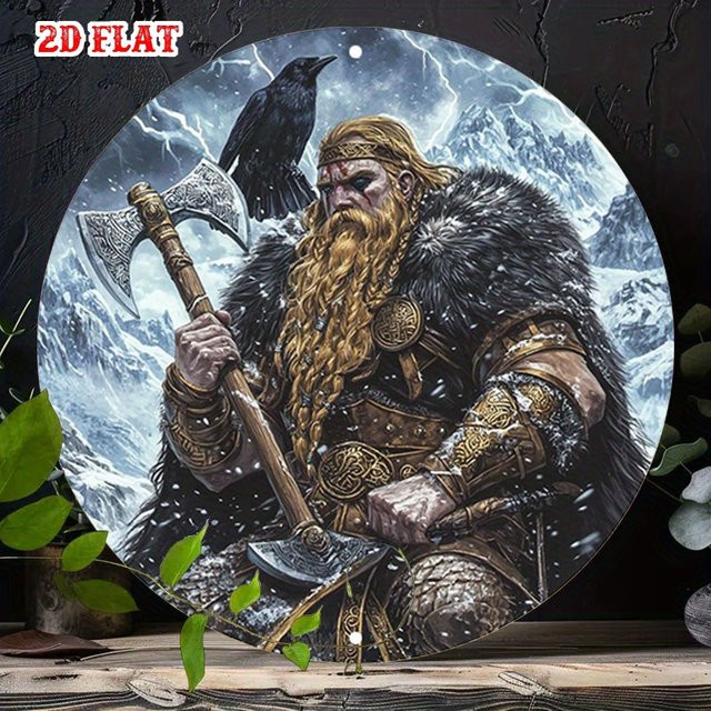 Rundes Aluminiumschild Contempo Wikinger-Krieger-Schneeberg mit Axt und Krähe, Metallwandkunst im rustikalen Design, Durchmesser: 19,99 cm - Bild 1