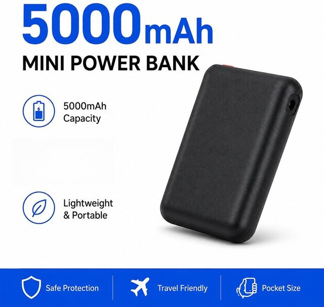 Mini Powerbank 5000mAh Tragbarer Externer Akku USB-Ladegerät in Schwarz - Bild 1