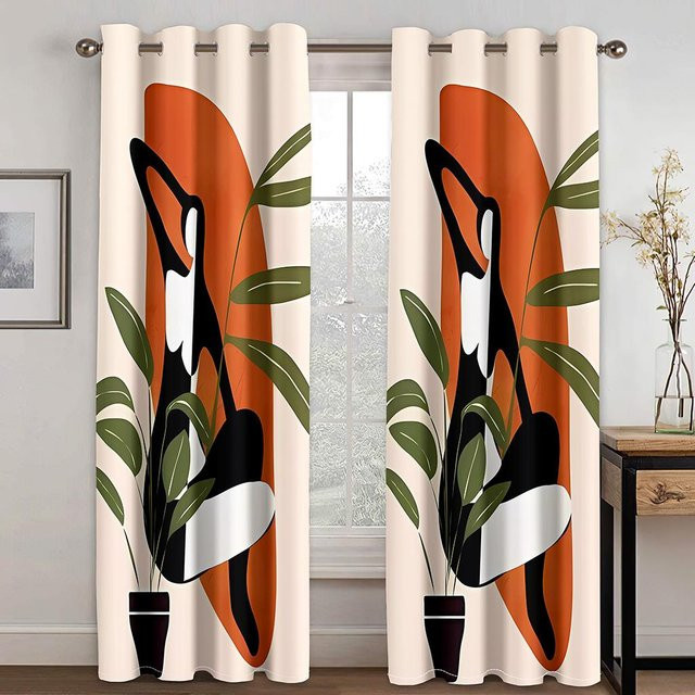 Stilvolle abstrakte Morandi Fensterdekoration, semi-transparente Vorhänge mit Grafikdesign, 2er-Set, B: 50 cm, H: 130 cm, Mehrfarbig - Bild 1