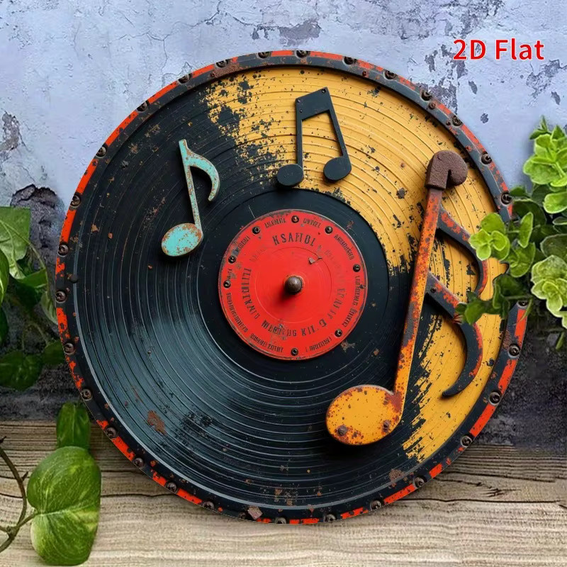Potdemiel Vintage-Schallplatten-Kranzschild aus Eisen, runde Wanddekoration mit Musiknoten in Multicolour, Durchmesser: 20 cm - Bild 3