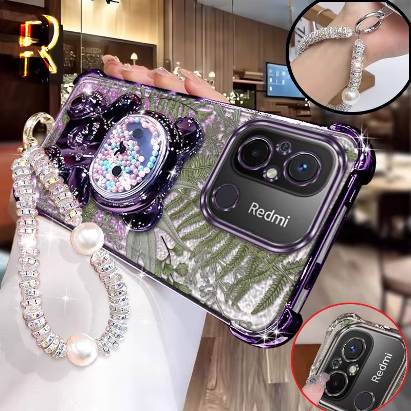 Xiaomi Handyhülle mit Standfunktion und Lanyard im Design Grüne Blätter für Redmi 14C 15C 13 12C 11A 10C in Grün und Silber - Bild 1