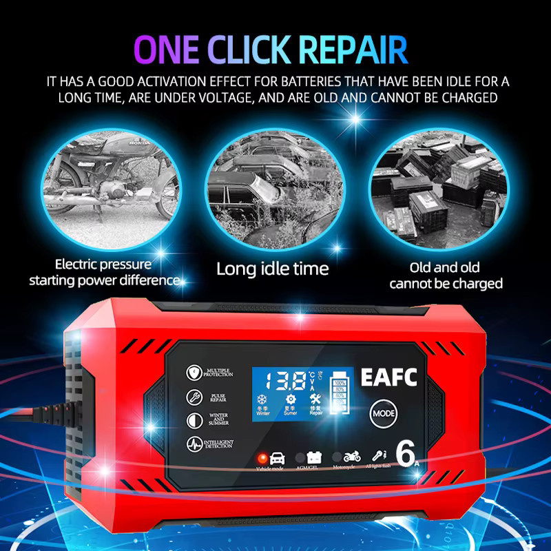 EAFC Intelligentes Autobatterie Ladegerät 12V 6A mit Impuls-Reparaturfunktion und automatischem Stopp in Rot - Bild 3