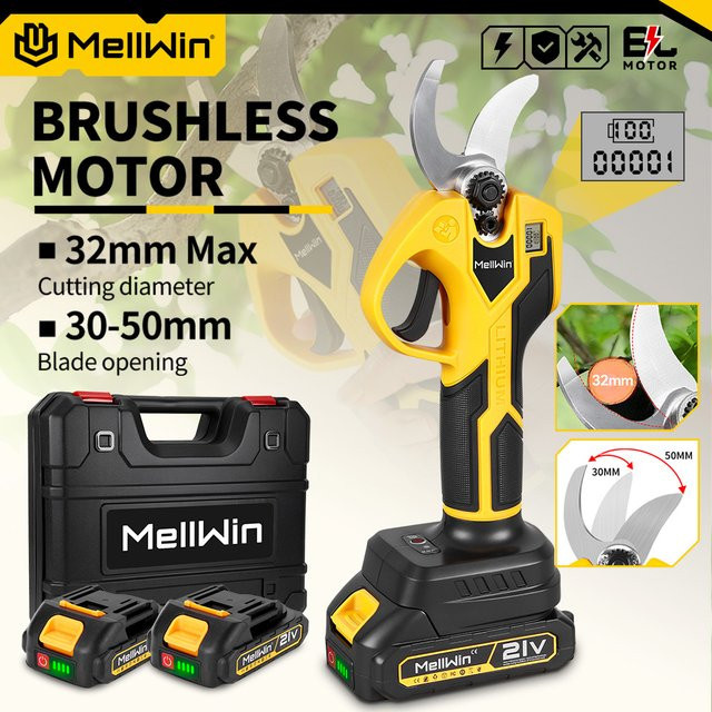 MELLWIN Bürstenlose Elektro-Gartenschere mit 32 mm Schneidkapazität und 2 Gängen, gelbe elektrische Schere für Obstbäume und Bonsai, kompatibel mit Makita 18V Akku LXT - Bild 1