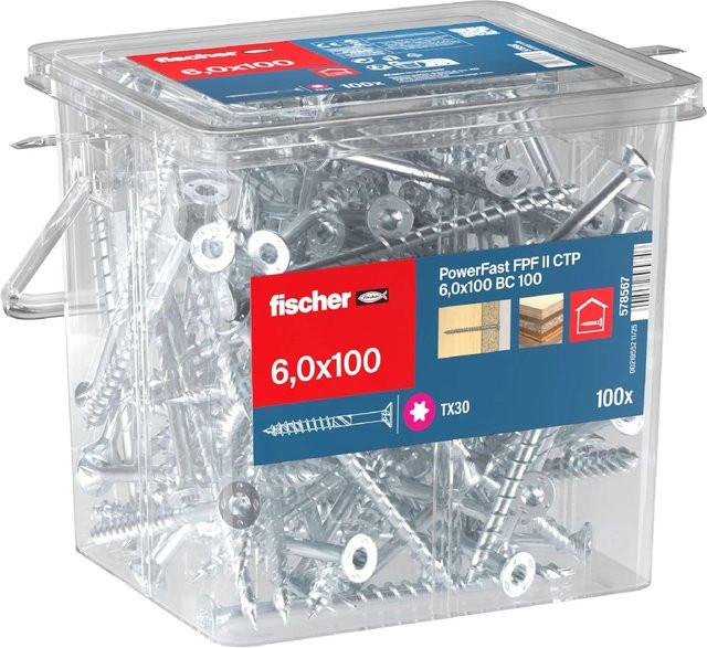 Fischer PowerFast II Holzschraube mit Torx-Antrieb, verzinkt, Farbe: Blau/Silber, Durchmesser: 6 mm, Länge: 100 mm, 100 Stück - Bild 1
