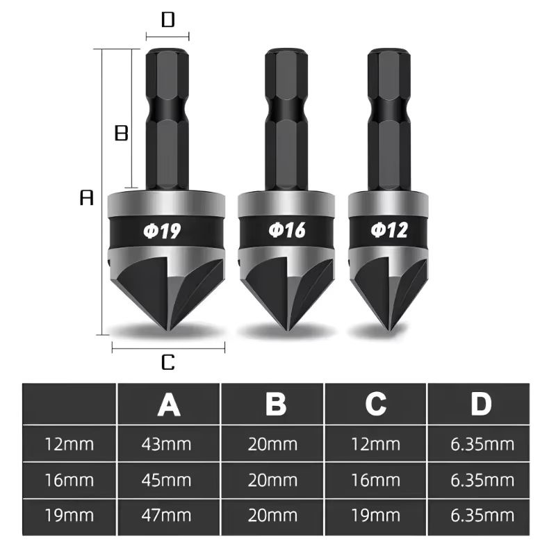 KRIOCY Senker Bohrer Set mit Sechskantschaft 90 Grad und Fünfblatt Fasen in Schwarz, 3er Set, Durchmesser: 12 mm, 16 mm, 19 mm - Bild 5