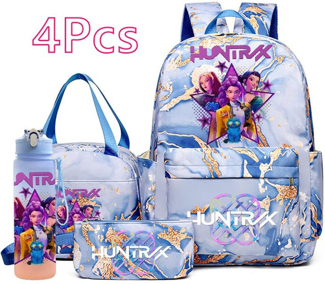 BPZMD 4-teiliges K-Pop Schultaschen-Set aus Canvas in Blau mit Rucksack, Handtasche, Federmäppchen und 750 ml Wasserflasche für Teenager - Bild 1