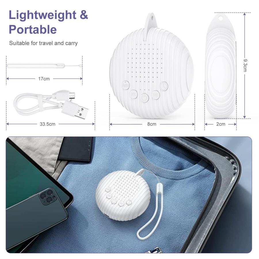 Tragbares Weißes Rauschen Gerät mit 10/12 Geräuschen, USB wiederaufladbar, Schlafgerät für Babys, Erwachsene und Senioren mit Timer und Lautstärkeregelung in Weiß - Bild 2