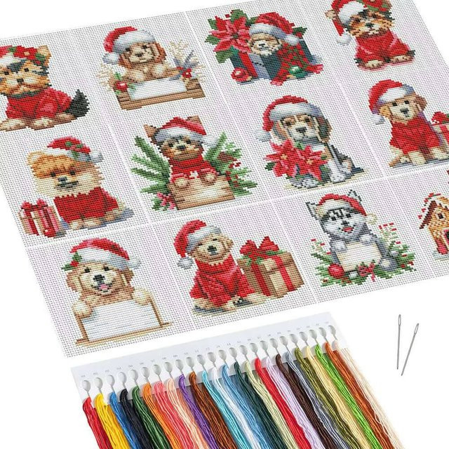 Huacan DIY Stickerei Set Hund mit Weihnachtsmütze als Kreuzstich Bastelkit für Anfänger, Mehrfarbig - Bild 1