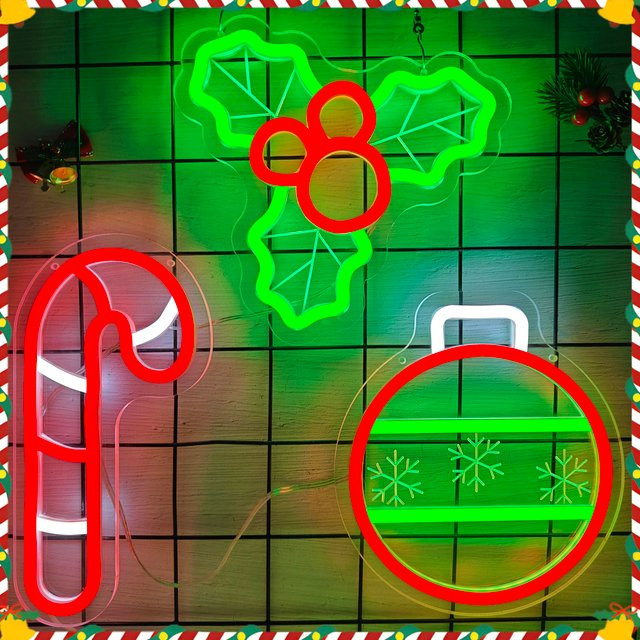 Dimmbares 3-teiliges Holly Berry Weihnachtskugel und Zuckerstangen Neonschild Set in Multicolour zur Wanddekoration - Bild 1