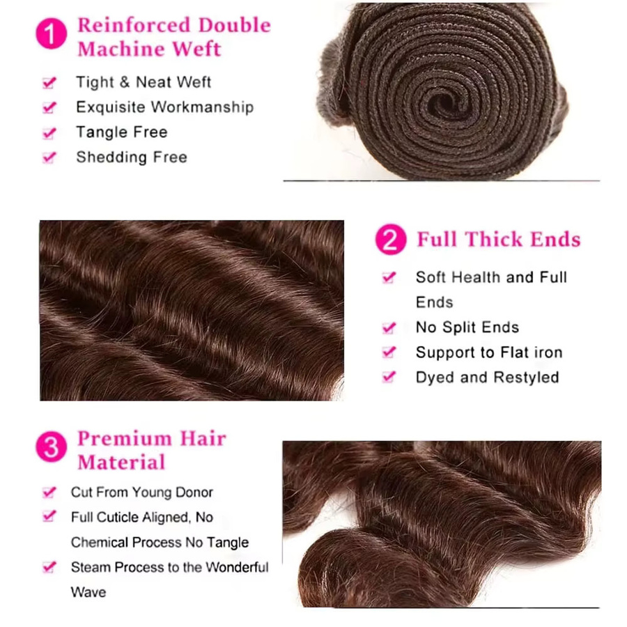 donxue Deep Wave Haarwebart Bundles, Schokoladenbraun, 3 Stück, Damen - Bild 4
