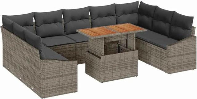 vidaXL 10-teiliges Garten-Sofa-Set in U-Form aus grauem Poly-Rattan mit integriertem Sitzkissen-Speicher und Gartentisch - Bild 1