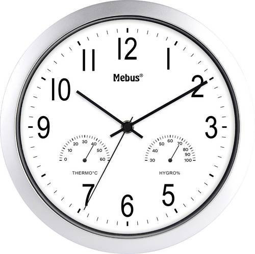Mebus 06992 Quarz Wanduhr rund in Silber mit Thermometer und Hygrometer, Durchmesser: 25,5 cm - Bild 1