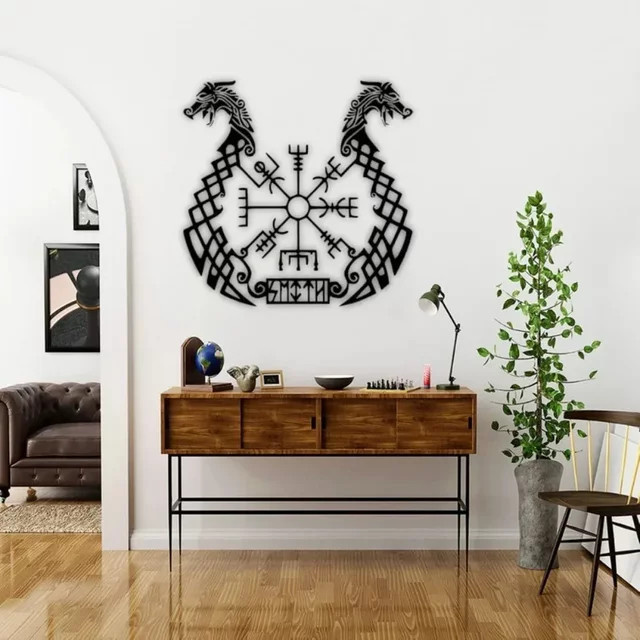 CIFBUY Vegvisir Wikinger Wandkunst aus Metall in Schwarz als nordisches Runensymbol zur Heimdekoration - Bild 1