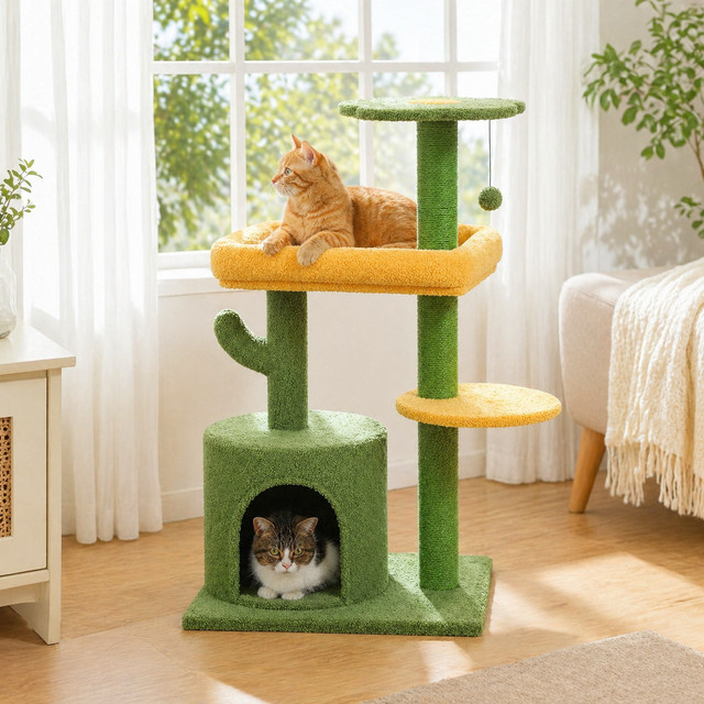 PEQULTI Kaktus-Katzenbaum in Grün mit 4-stufigem Kletterlayout, Katzenhaus, gepolsterten Plattformbetten und Aussichtsplatte - Bild 1