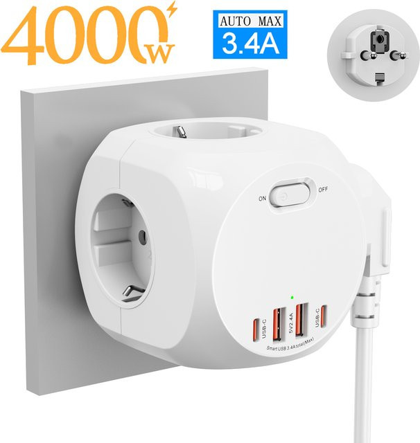 Steckdosenleiste mit 4 AC-Anschlüssen und Netzwerkfilter in Weiß mit 2 USB-A und 2 USB-C Anschlüssen zur Wandmontage - Bild 1