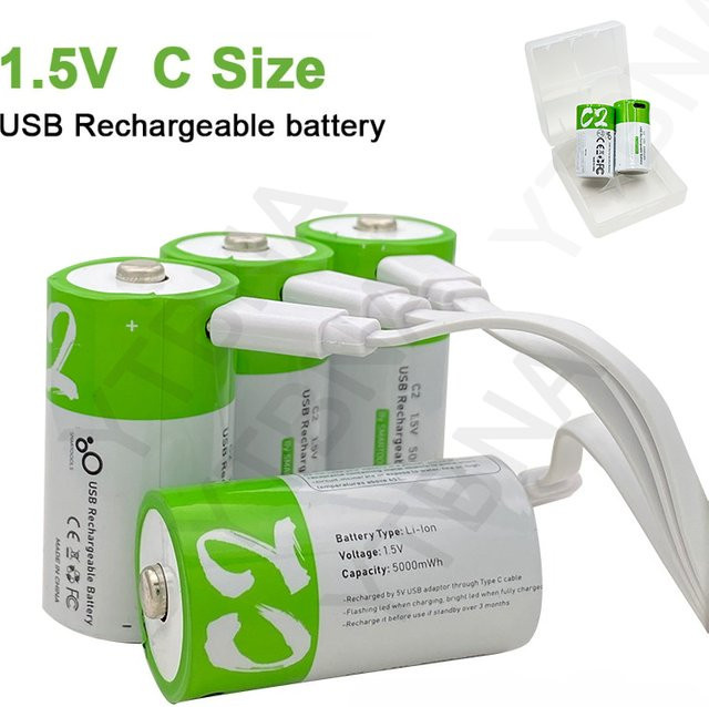 Lithium-Ionen Akku LR14 C Größe 1,5 V 5000 mWh mit USB-C Anschluss, Grün - Bild 1