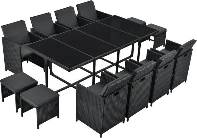 Juskys Polyrattan Essgruppe Baracoa XXL 13-teilig in Schwarz mit Polsterung und wetterfesten Kissen - Bild 2