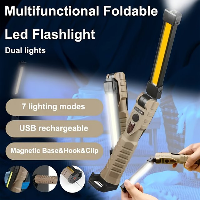 XIWANGFIRE Wiederaufladbarer LED-Arbeitsscheinwerfer mit COB-Licht, zusammenklappbare Taschenlampe mit Magnetfuß und 360 Grad Drehung in Schwarz - Bild 1