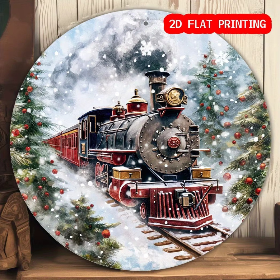 Potdemiel Retro Polar Train Metallschild rund, Aluminium-Wandkunst mit Schneeschleppe, Durchmesser: 20,32 cm - Bild 2