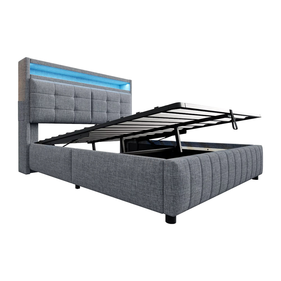 KOMHTOM Polsterbett aus Leinenstoff mit LED-Beleuchtung, USB-Steckdose und hydraulischem Stauraum, Farbe: Grau, B/T/H: 160 x 200 cm - Bild 3